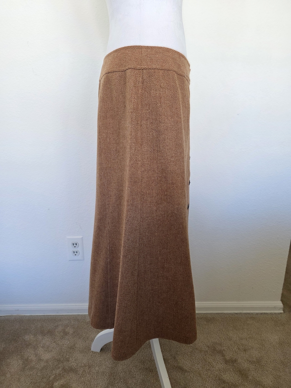 Talbots Camel Brown 100% Wool Herringbone Button-Front A-Line Skirt Size 10 - Picture 5 of 7